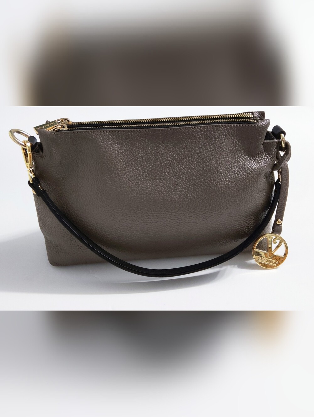 Valentina Taupe Pebbled Italian Leather Shoulder Bag with Gold Charm. Pre-owned.